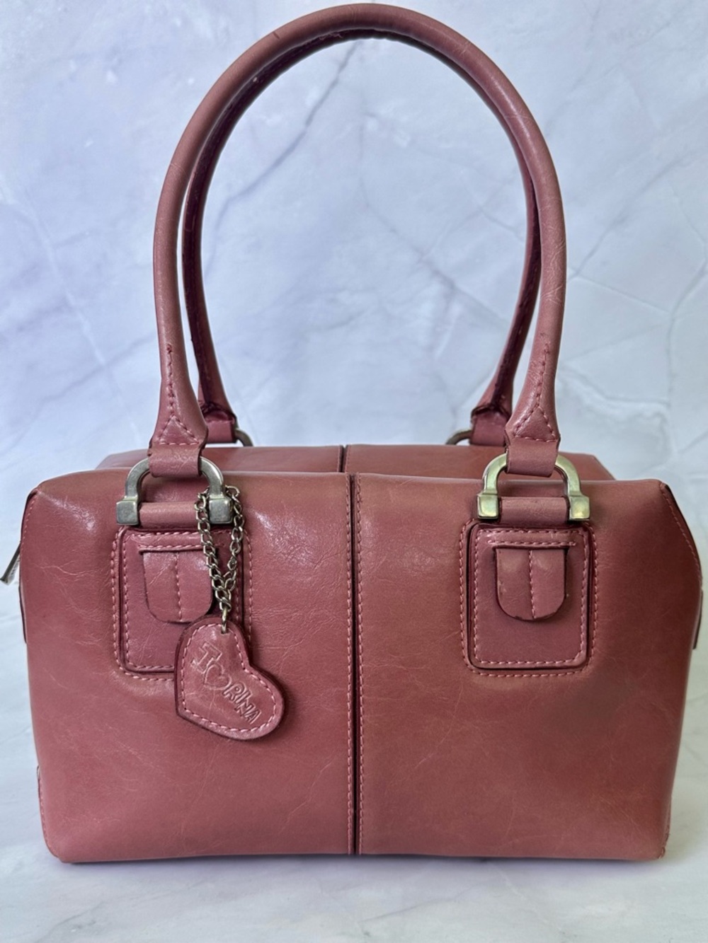 Vintage Pink Leather Satchel Y2K Structured Bowler Top Handle Bag